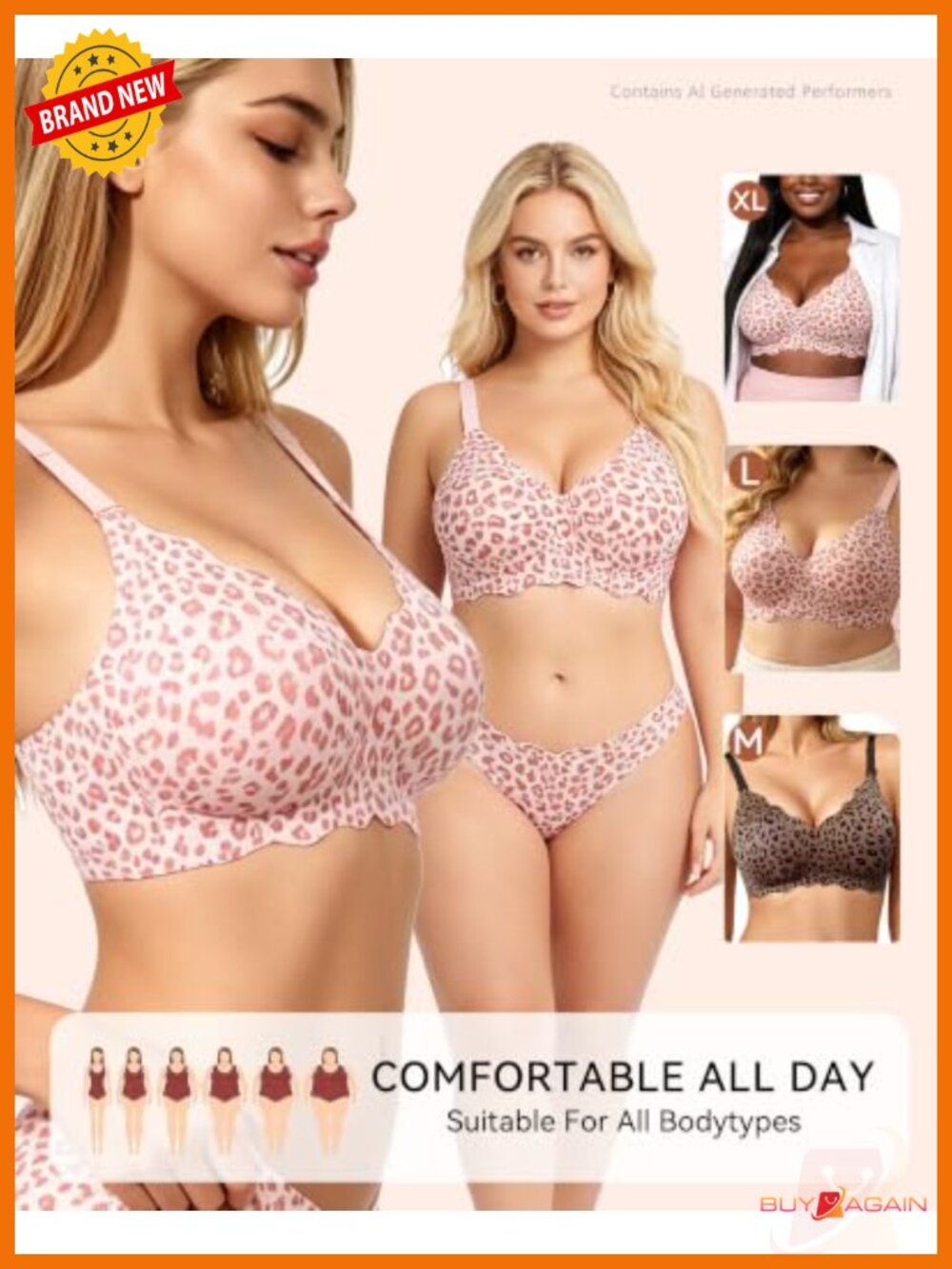 Full Coverage Wireless Bra Scalloped Edge Seamless T-Shirt Bra - Picture 3 of 6